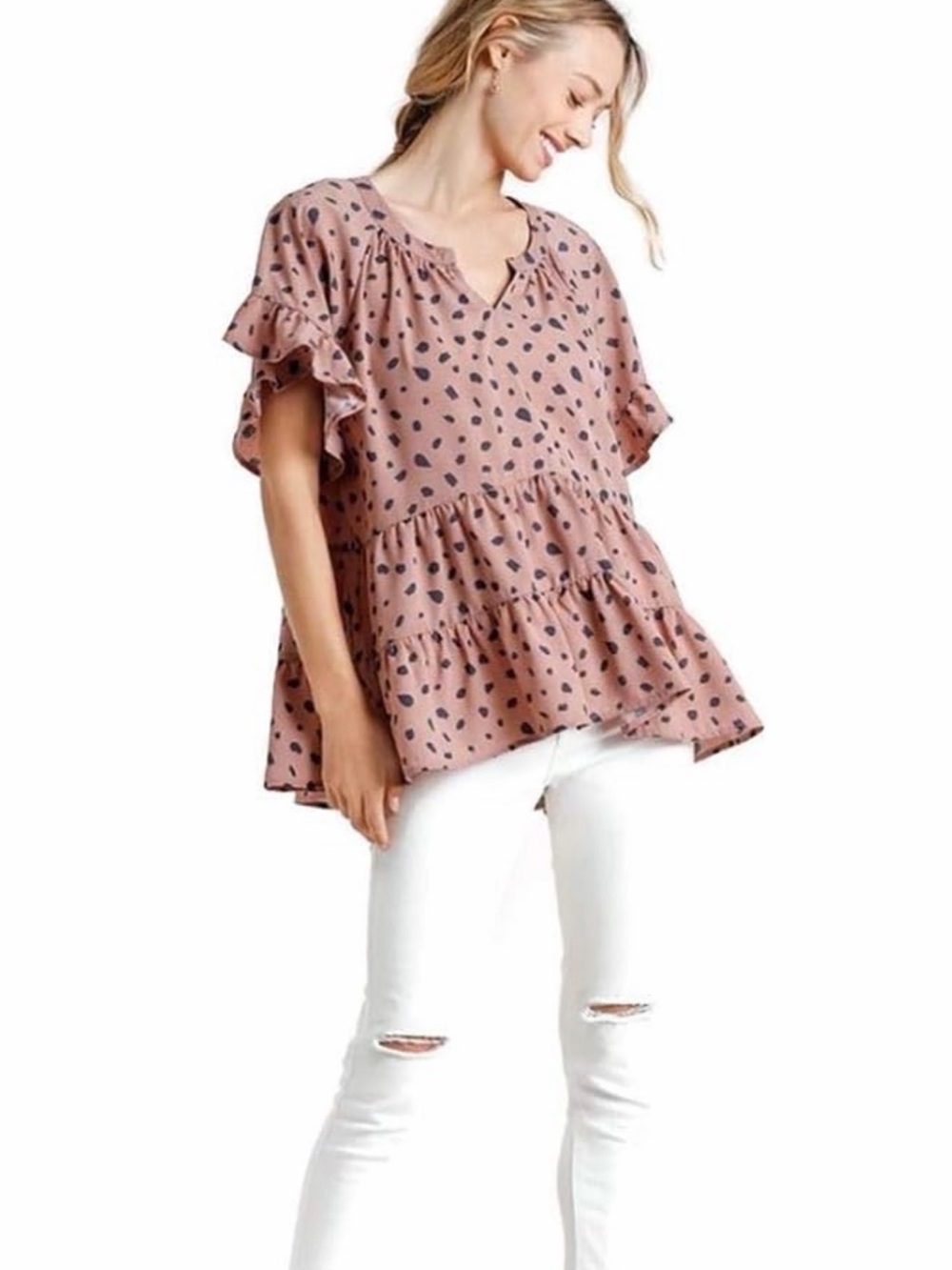 🛫 Umgee Polka Dot Ruffle Sleeve Peplum Top size large